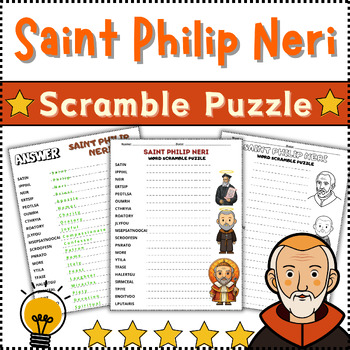Preview of Saint Philip Neri Scramble Puzzle Worksheet Activity ⭐Color⭐B/W⭐No Prep⭐