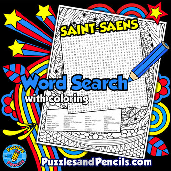 Preview of Saint-Saens Word Search Puzzle Activity with Coloring | Famous Music Composers