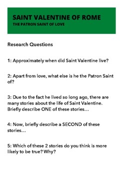 Preview of Valentine's Day, Saint Valentine of Rome - Research Questions webquest Freebie