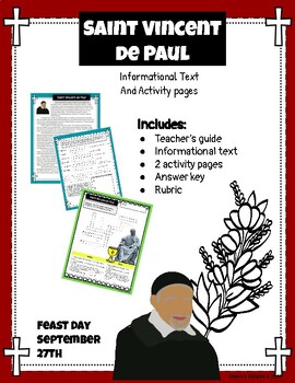 Preview of Saint Vincent de Paul Informational Text and Activity Pages with rubric and key