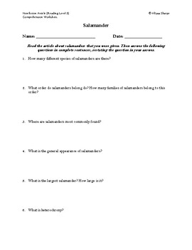 Preview of Salamander Article (Reading Level 3) Comprehension Worksheet