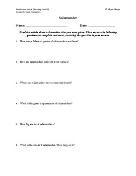 Preview of Salamander Article (Reading Level 2) Comprehension Worksheet
