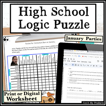 Preview of January Logic Puzzle Brain Teaser in Print or Digital Worksheets for High School