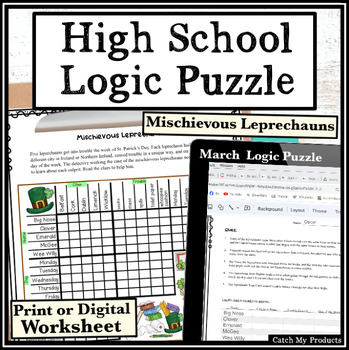 Preview of March Logic Puzzle or St. Patrick's Day Brain Teaser for High School
