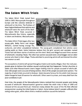 Salem Witch Trials Colonial America Reading Worksheets and Answer Keys