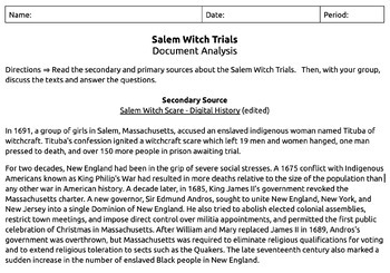 Preview of Salem Witch Trials Document Analysis (APUSH)