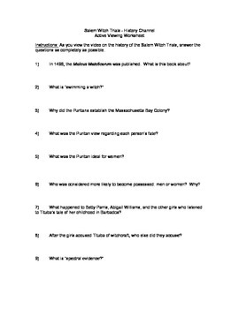 Preview of Salem Witch Trials History Channel Active Viewing Worksheet