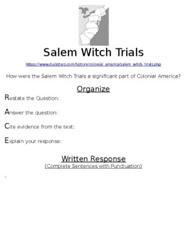 Preview of Salem Witch Trials R.A.C.E Online Writing Assignment  W/Article