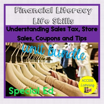 Preview of Sales Tax, Sales, Coupons, and Tips Book Worksheets Leveled Special Ed.