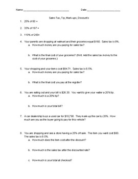 Sales Tax Tip Discounts and Mark up Word Problem Practice Worksheet