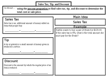 Sales Tax, Tip, and Discount Notes SOL 7.3 by Luke Dulin | TPT