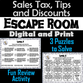 Preview of Calculating Sales Tax, Tips, Discounts Activity: Escape Room Math Breakout Game