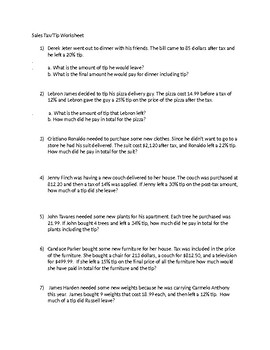 Sales Tax and Tip Worksheet (7th Grade) by Daniel Anderson Middle