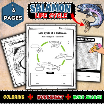 Preview of Salmon Life Cycle Learning Bundle(Word search-Labeling-Worksheet-coloring pages)