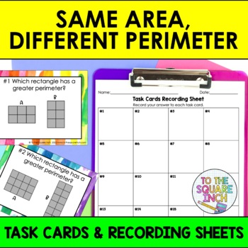 Preview of Same Area, Different Perimeter Task Cards | Math Center Practice Activity