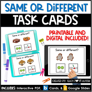 Preview of Same or Different | Object Attributes | Math Printable Task Cards | Boom Cards