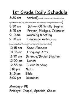 Sample 1st Grade Daily Schedule by Candace Ross | TpT