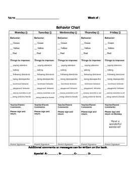 Sample Behavior Chart - Weekly for Elementary / Middle School.