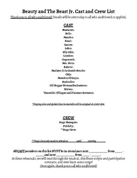 Preview of Sample Cast and Crew List, Beauty and the Beast Jr.