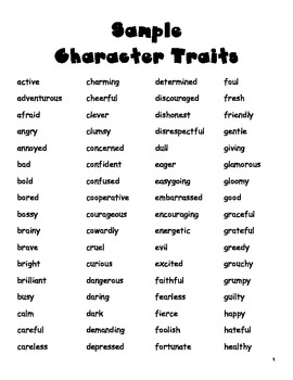 Sample Character Traits by Trish T | TPT