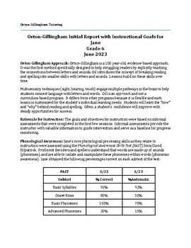 Preview of Sample Initial Intake/Evaluation Report for OG Tutoring Clinic