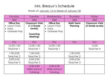 Sample Mathematics Coach Weekly Schedule by Chronicles of a Math Coach