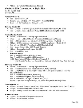 Preview of Sample National FFA Convention Itinerary, Letter, and Packing List
