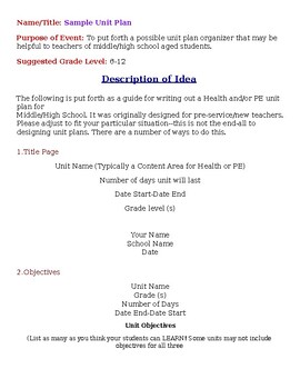 Preview of Sample Unit Plan For P.E. grades 6th-12th