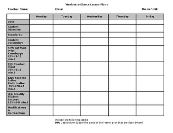 Sample Week at Glance Lesson Plan Template (editable and fillable resource)