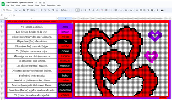 Preview of San Valentín - Pixel Art with regular present tense verbs in Spanish