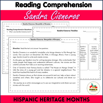 Preview of Sandra Cisneros Reading Comprehension Biography Famouns Hispanic People K-2