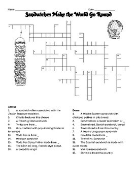 Sandwiches Around the World Passage Crossword and Map Activity TPT