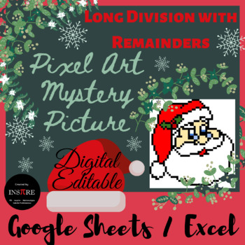 Preview of Santa Christmas Long Division with Remainders Pixel Art Mystery Picture EDITABLE