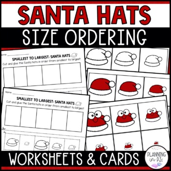 Preview of Santa Hats Size Ordering | Order by Size Christmas Math Centers | Cut and Glue