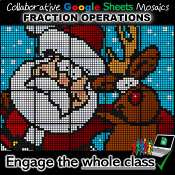 Preview of Santa & Reindeer Fraction Operations, Digital Google Mosaic (20- & 30-Students)