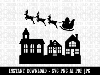 Santa in Sleigh Over Town Christmas Eve Clipart Instant Digital Download