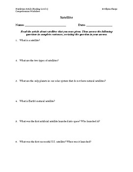 Preview of Satellite Article (Reading Level 1) Comprehension Worksheet