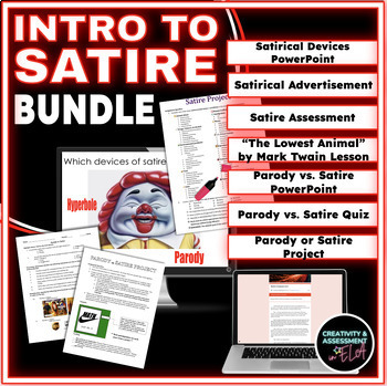 Preview of Introduction to Satire BUNDLE|Satire Parody PowerPoints, Projects, & Assessments