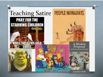 Preview of Satire Unit - Google Slides with videos and links to 7 lessons in Google Drive