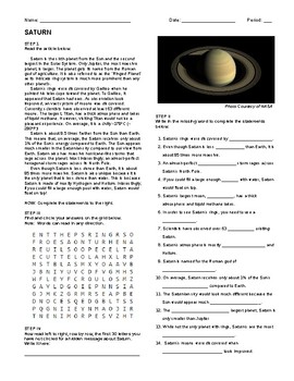 Preview of Saturn- Article, Questions, Wordsearch, and Hidden Message!