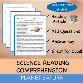 Preview of Saturn - Reading Passage x 10 Questions - 100% EDITABLE