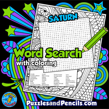 Preview of Saturn Word Search Puzzle Activity Page with Coloring | Solar System | Planets