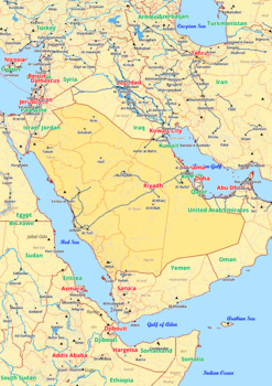 Preview of Saudi Arabia map with cities township counties rivers roads labeled