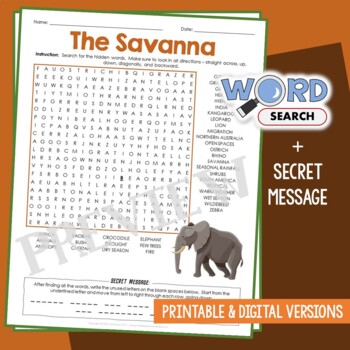 Preview of Biome/Ecosystem: Savanna Word Search African Animals Habitat Activity Worksheet