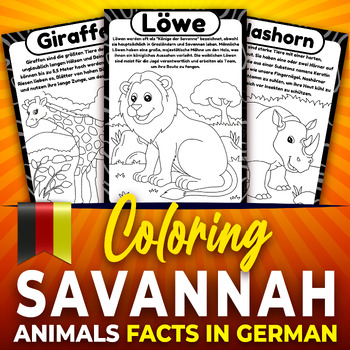 Preview of Savannah Animals, German Fun Facts Coloring Flashcards, African safari Animals