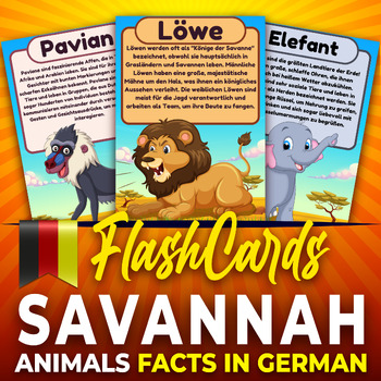 Preview of Savannah Animals, German Fun Facts Flashcards, African safari cute animals