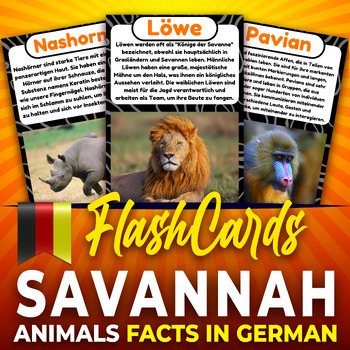 Preview of Savannah Animals, German Fun Facts Flashcards, Real Photos African safari Poster
