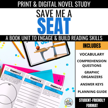 Preview of Save Me A Seat Novel Study: Comprehension Questions & Vocabulary for Book Groups