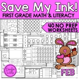 February Worksheets for First Grade with Literacy and Math