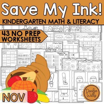 Preview of Kindergarten Math Worksheets and Phonics Worksheets Fall and November Activities